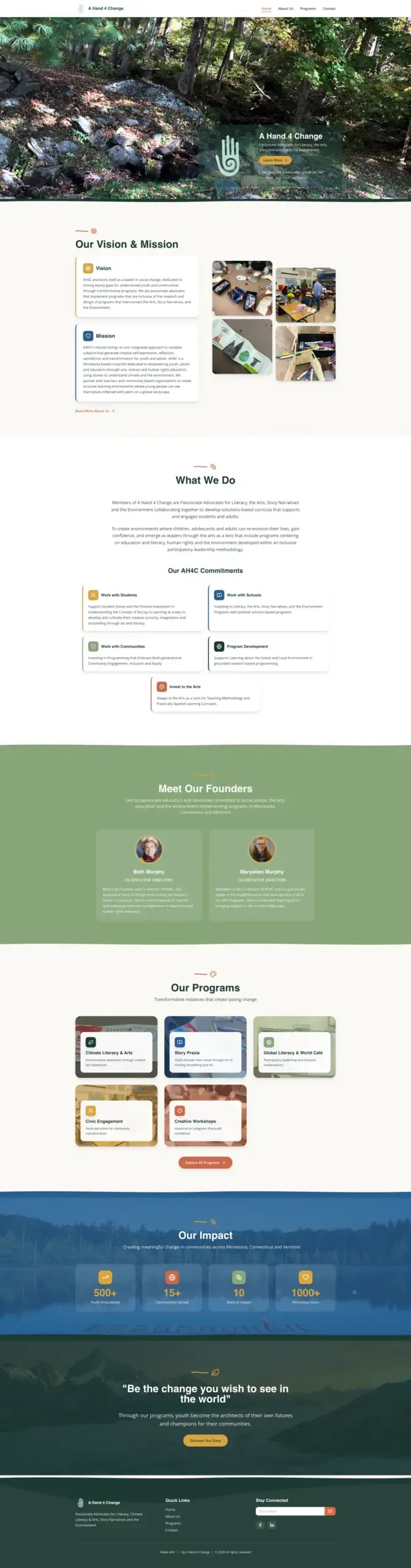 Full-length screenshot of the A Hand 4 Change website