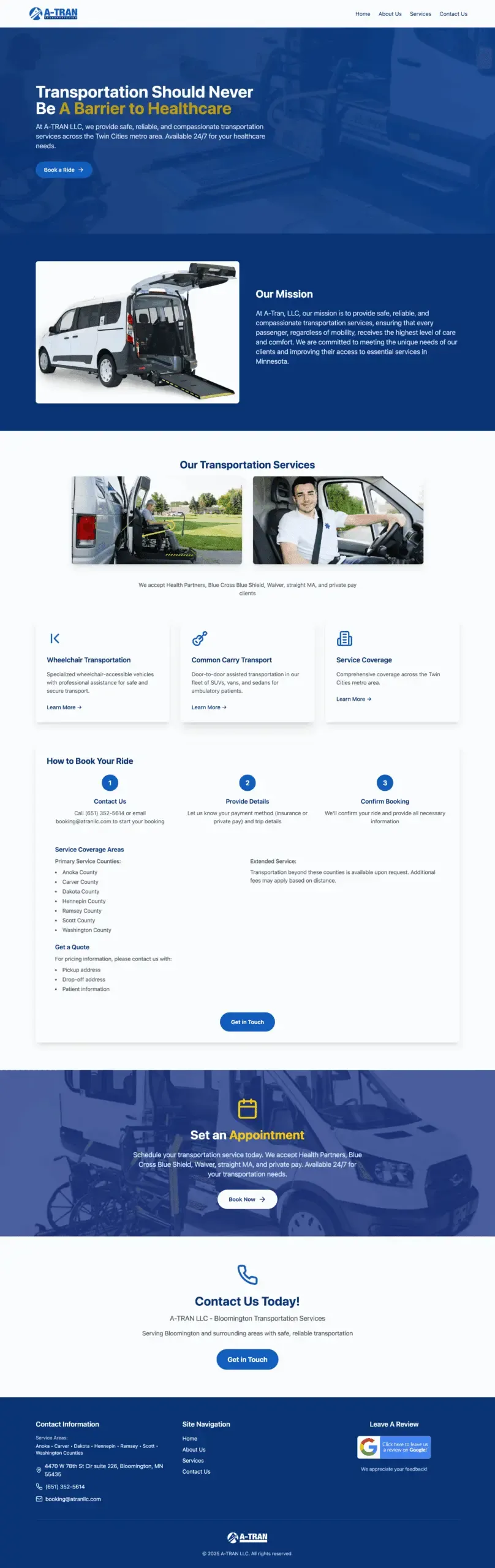 Full-length screenshot of the A-Tran LLC website