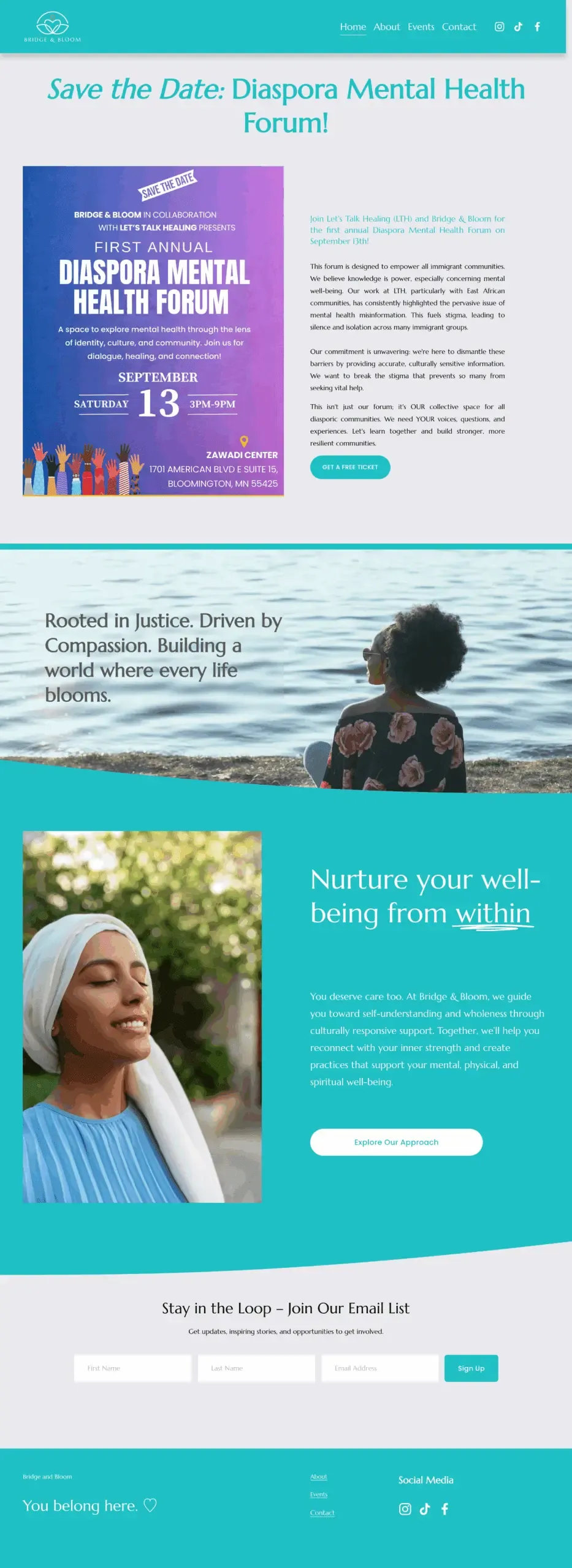 Full-length screenshot of the Bridge and Bloom website