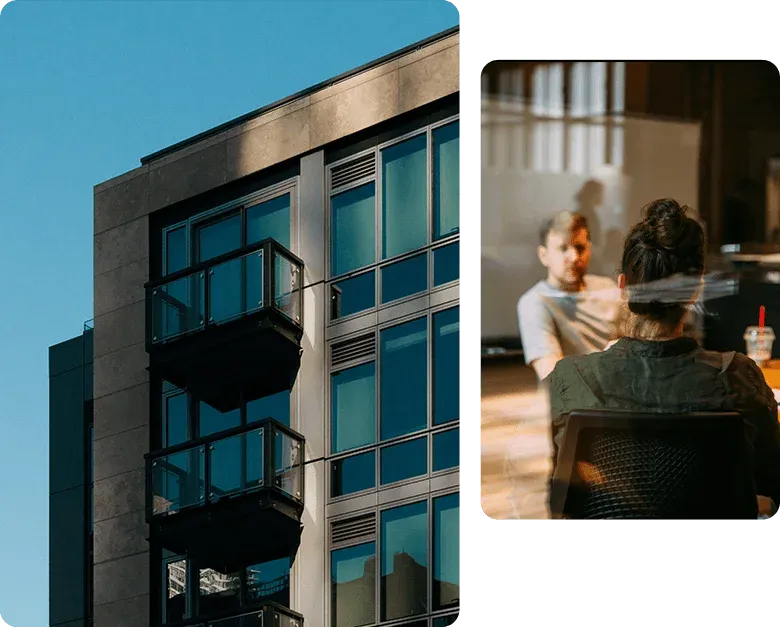 Modern office building and a team meeting