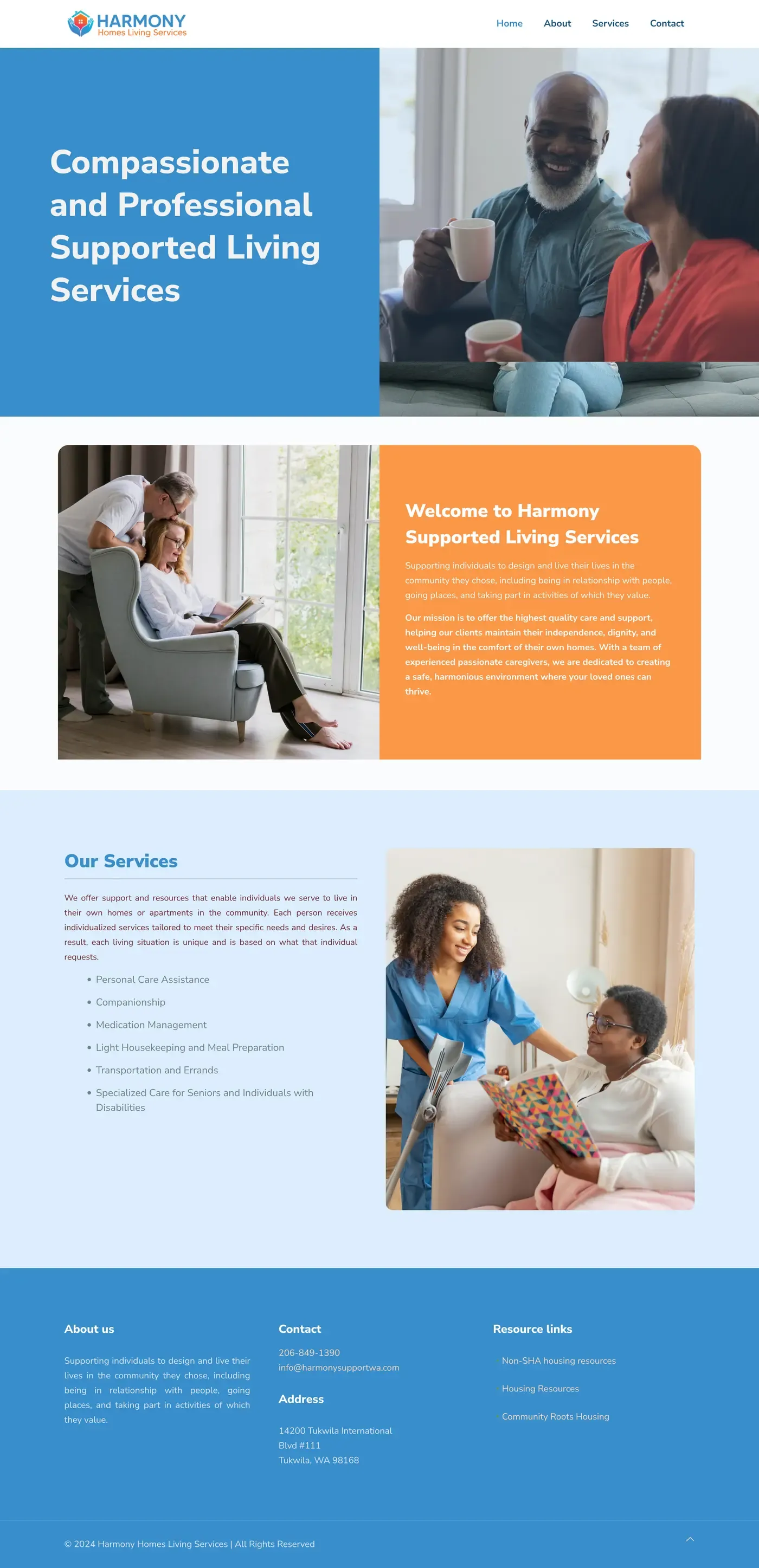 Full-length screenshot of the Harmony Supported Living website