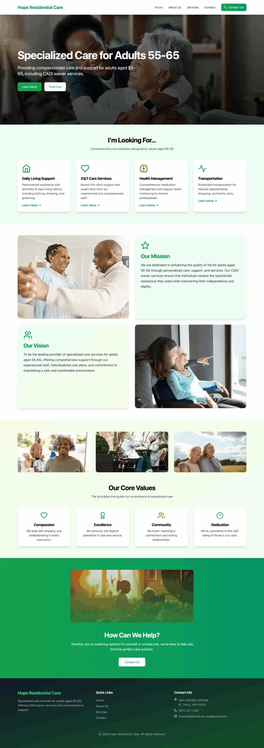 Full-length screenshot of the Hope Residential Care website