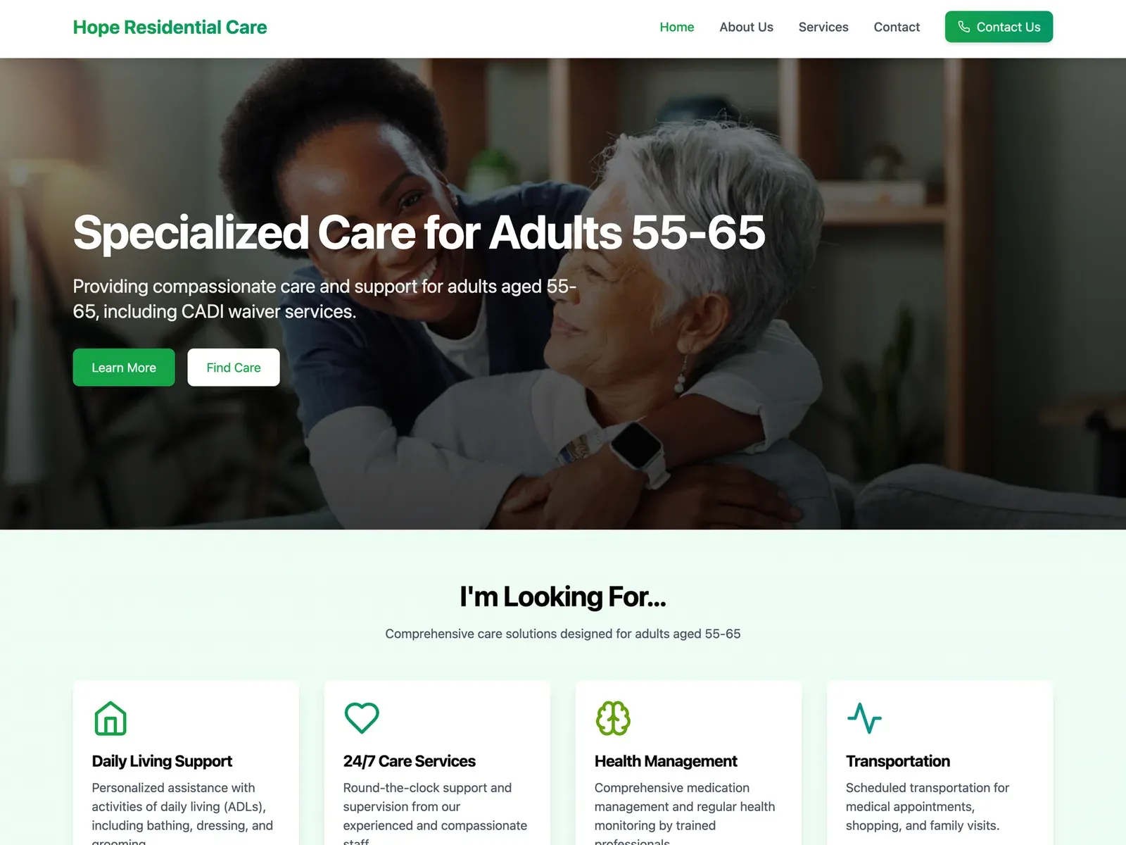 Hope Residential Care website design by TayoPro